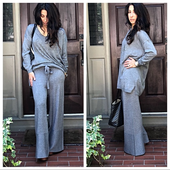 ✨LAST ONE✨PARIS Blackknit tie waist wide leg pants - Picture 3 of 8